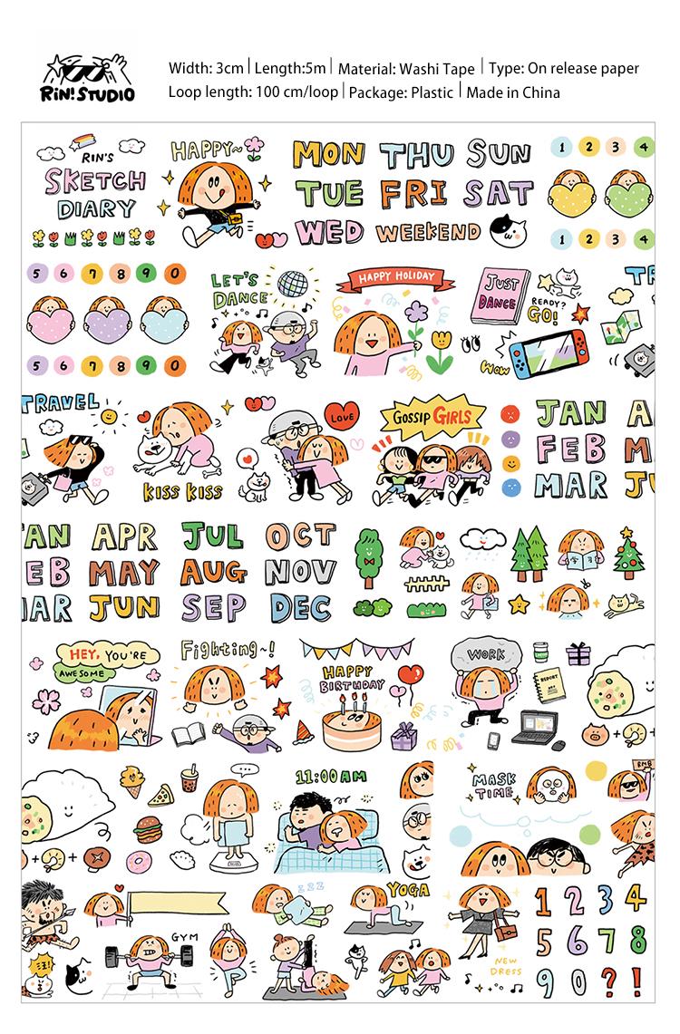 Kawaii Washi Tape Stickers: Sketch Diary by RiN Studio – in use with planner layout