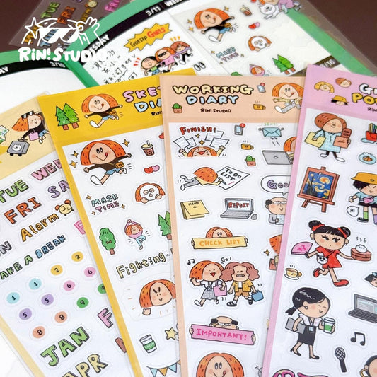 Kawaii Work Diary PVC Stickers by RiN Studio – flat lay for bullet journal spread