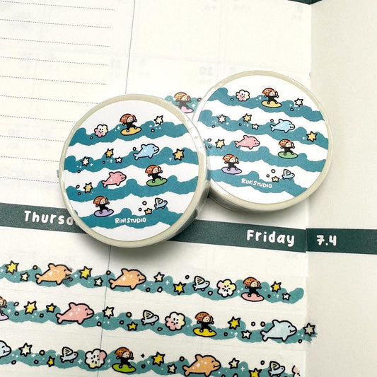 Wave Surfing Beach Mini Washi Tape by RiN Studio – flat lay for bullet journal spread
