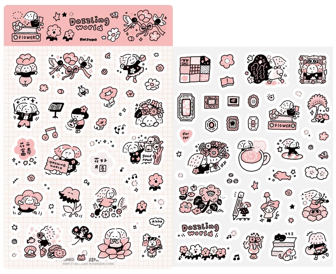 Flowers Sticker, Dazzling World Sticker, Monochrome Pink - RiN! Studio
