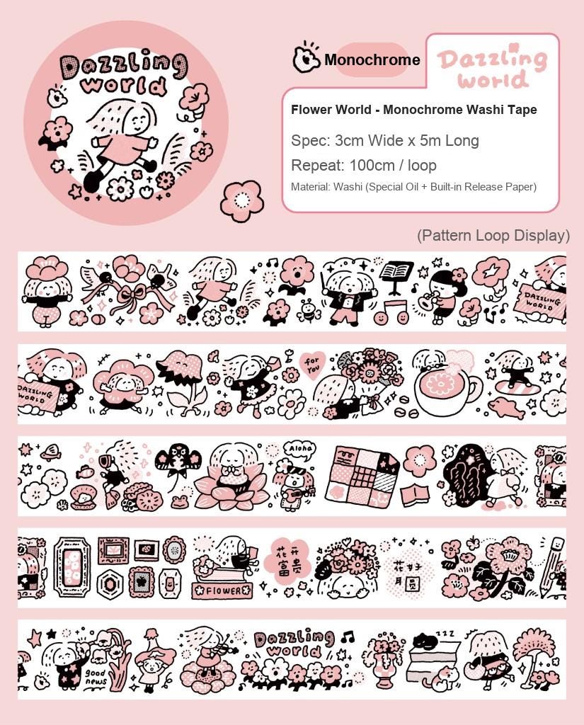 Flower Washi Tape - Dazzling World | Monochrome Pink Theme | Journal Tape | RiN! Studio
