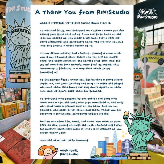 A handwritten thank you letter from RiN! Studio to everyone at the New York Stationery Fest, with Statue of Liberty illustrations and photos of the booth