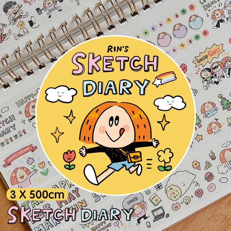 Sketch Diary Washi Tape by RiN Studio – close-up of kawaii illustration detail