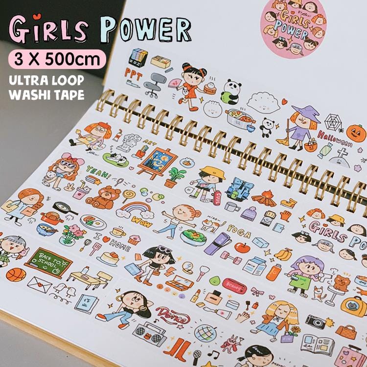 Kawaii Girl Power Washi Tape, Bullet Journal Scrapbook Tape
