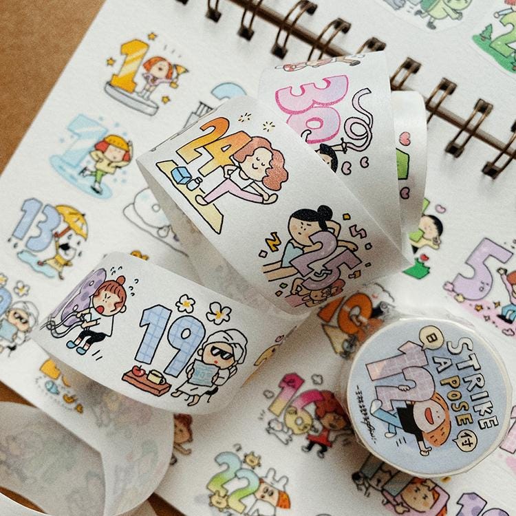 Strike a Pose Washi Tape: Numbered Kawaii Journaling Tape