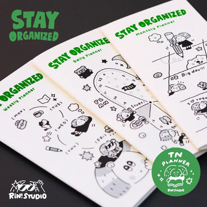 Traveler's Notebook Refill Daily, Weekly, Monthly Planner by RiN Studio – flat lay for bullet journal spread