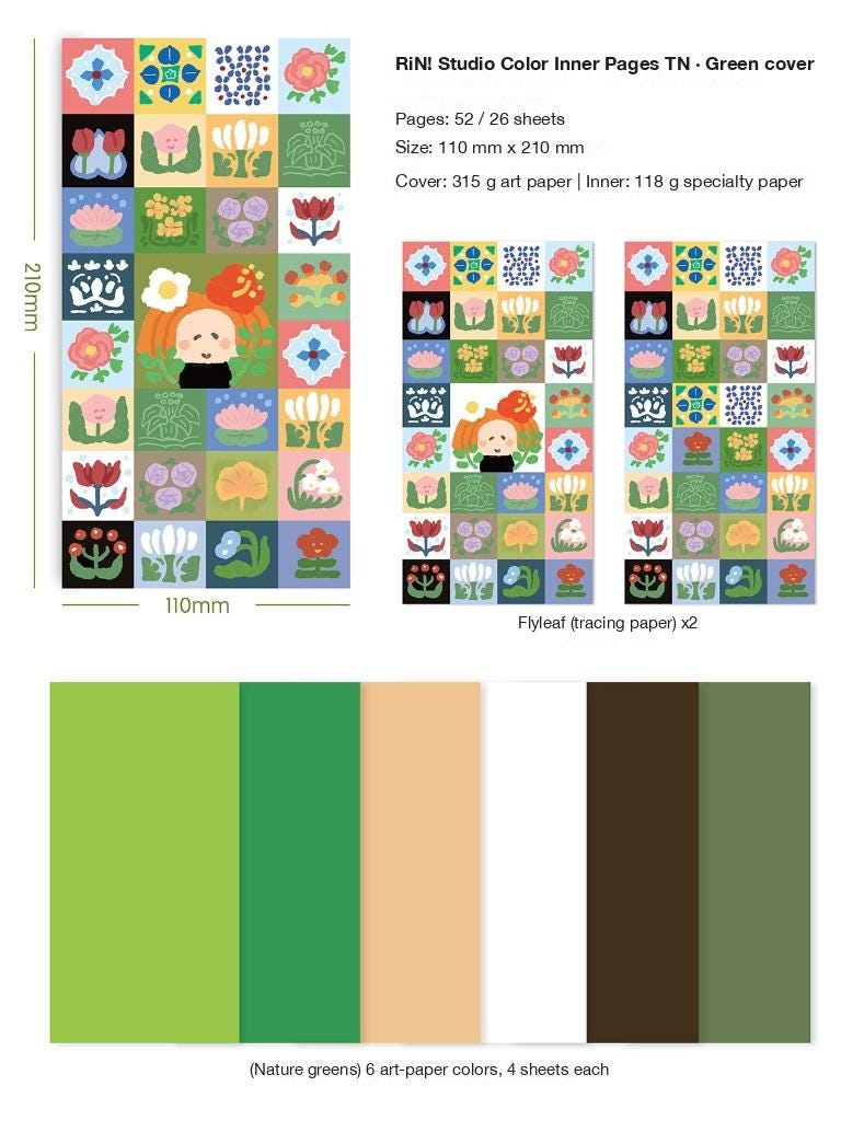 Traveler's Notebook Refill | Color Inner Pages TN Insert | Green Cover | RiN! Studio