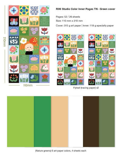 Traveler's Notebook Refill | Color Inner Pages TN Insert | Green Cover | RiN! Studio