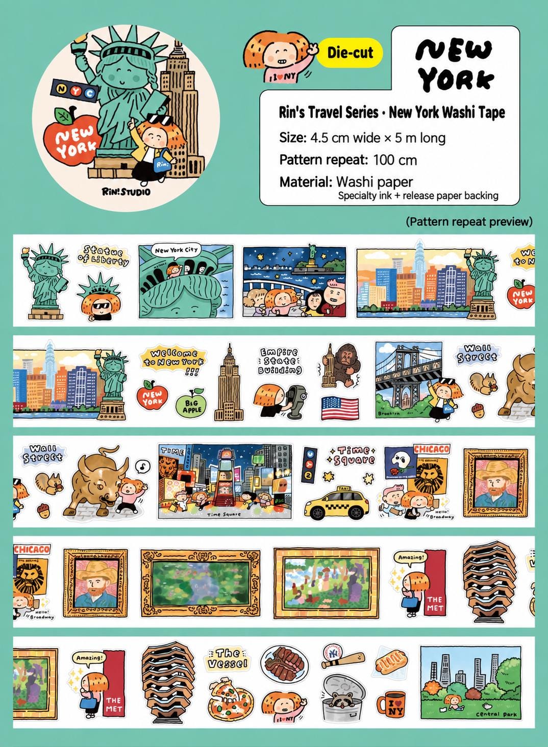 New York City Die Cut Washi Tape, Kisscut NYC stickers - Kawaii Stationery - RiN! Studio